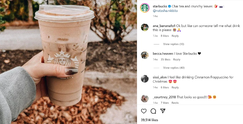 Starbucks shares influencer IG post for UGC marketing campaign