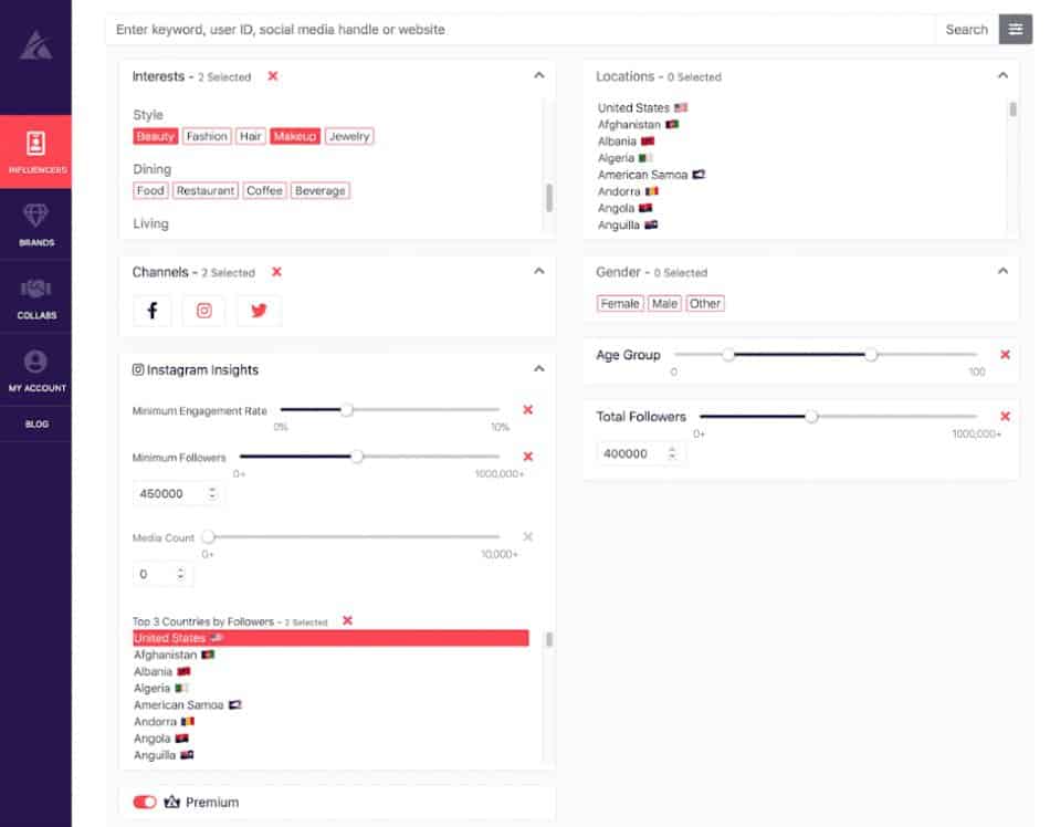 Afluencer app dashboard - find nano-influencers with filters