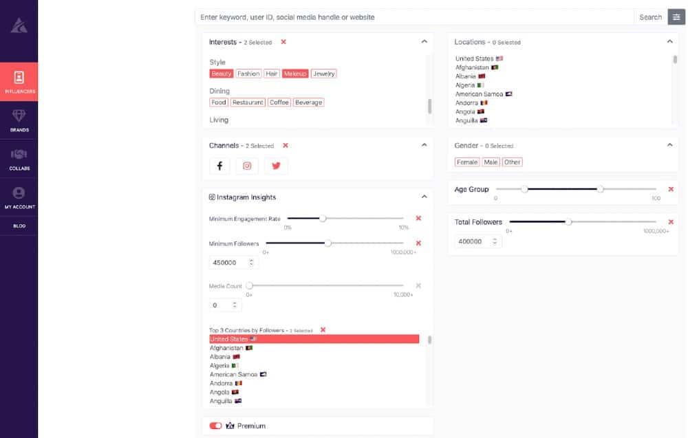 Search for Shopify Influencers | Afluencer Dashboard