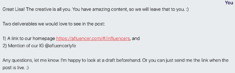 Sample conversation between brand and influencer
