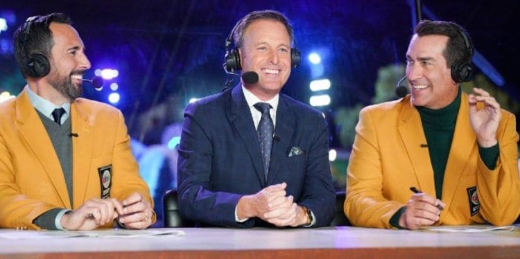 Reality TV host Chris Harrison presenting with two other presenters