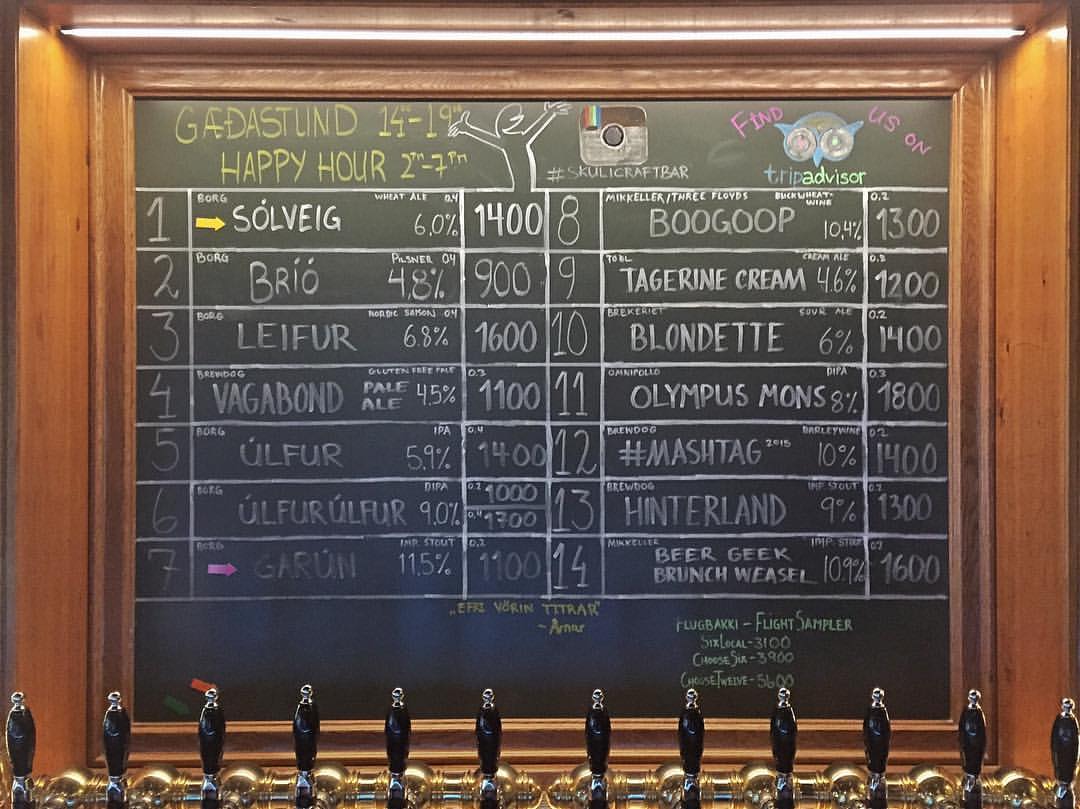 Skúli Craft Bar in Reykjavik chalkboard displaying current beer selection.