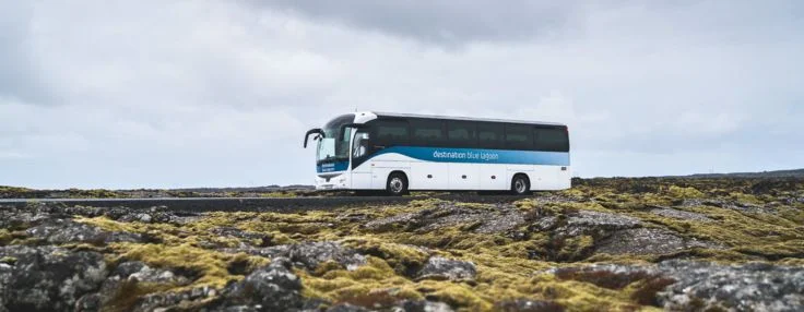 A Destination Blue Lagoon bus driving on a road surrounded by a moss covered lava field.
