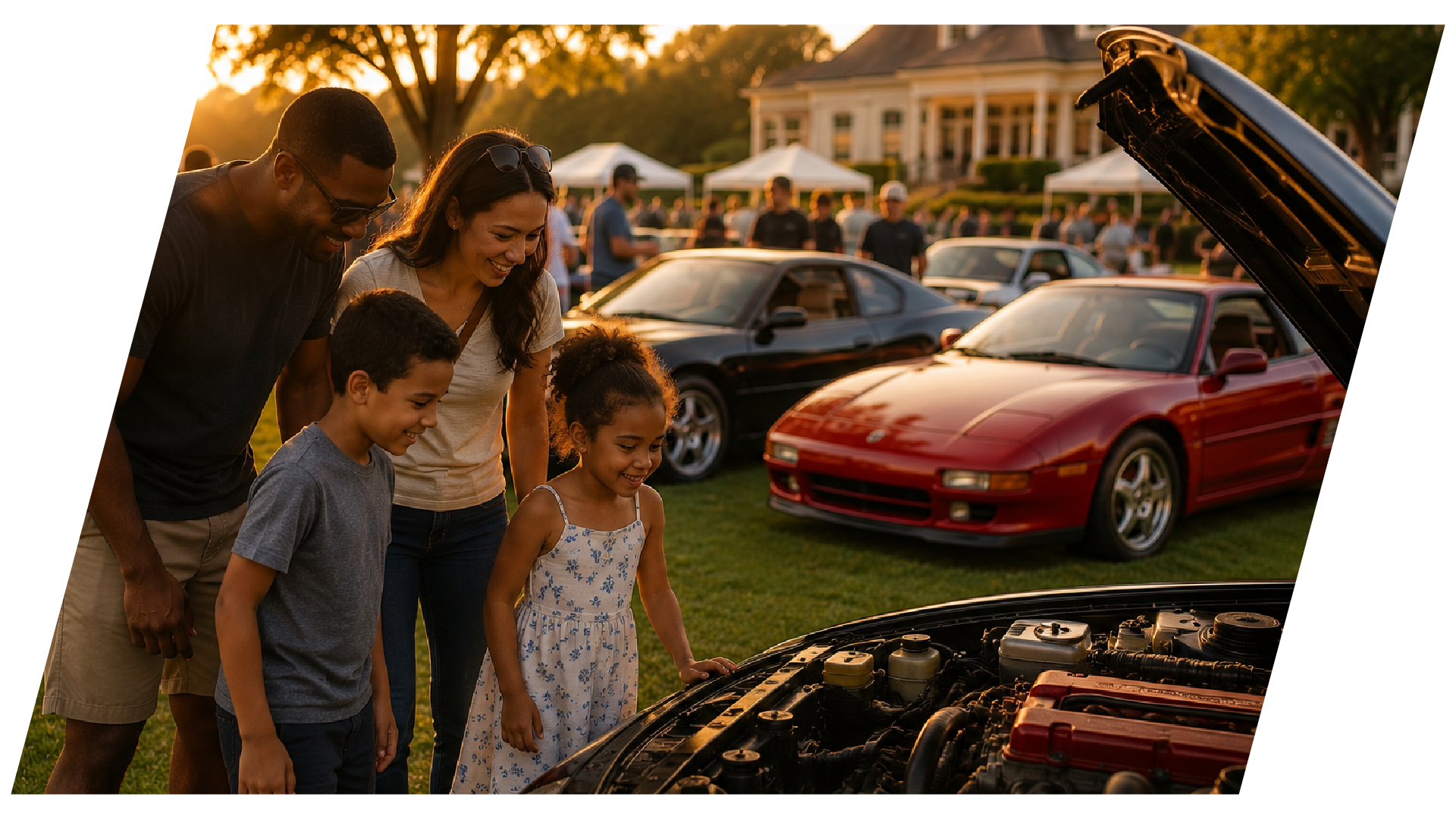 Family with two children smiling and looking at the engine of a car at an outdoor car show.