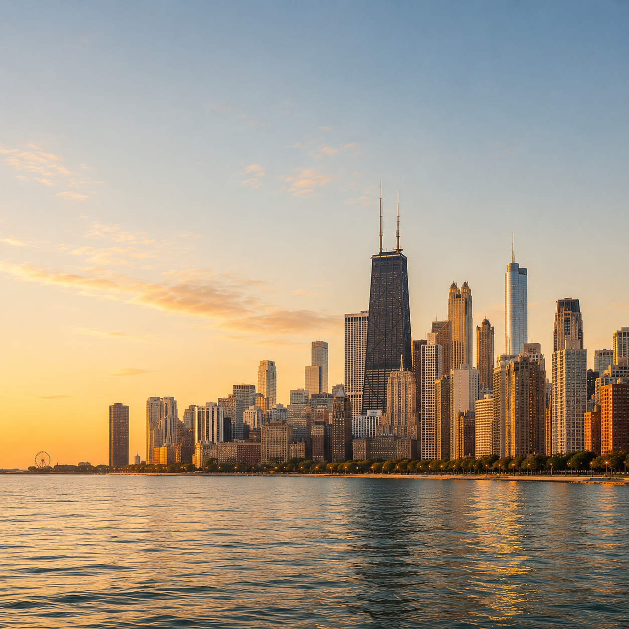 Chicago skyline at sunset with calm water in the foreground and golden light on buildings.