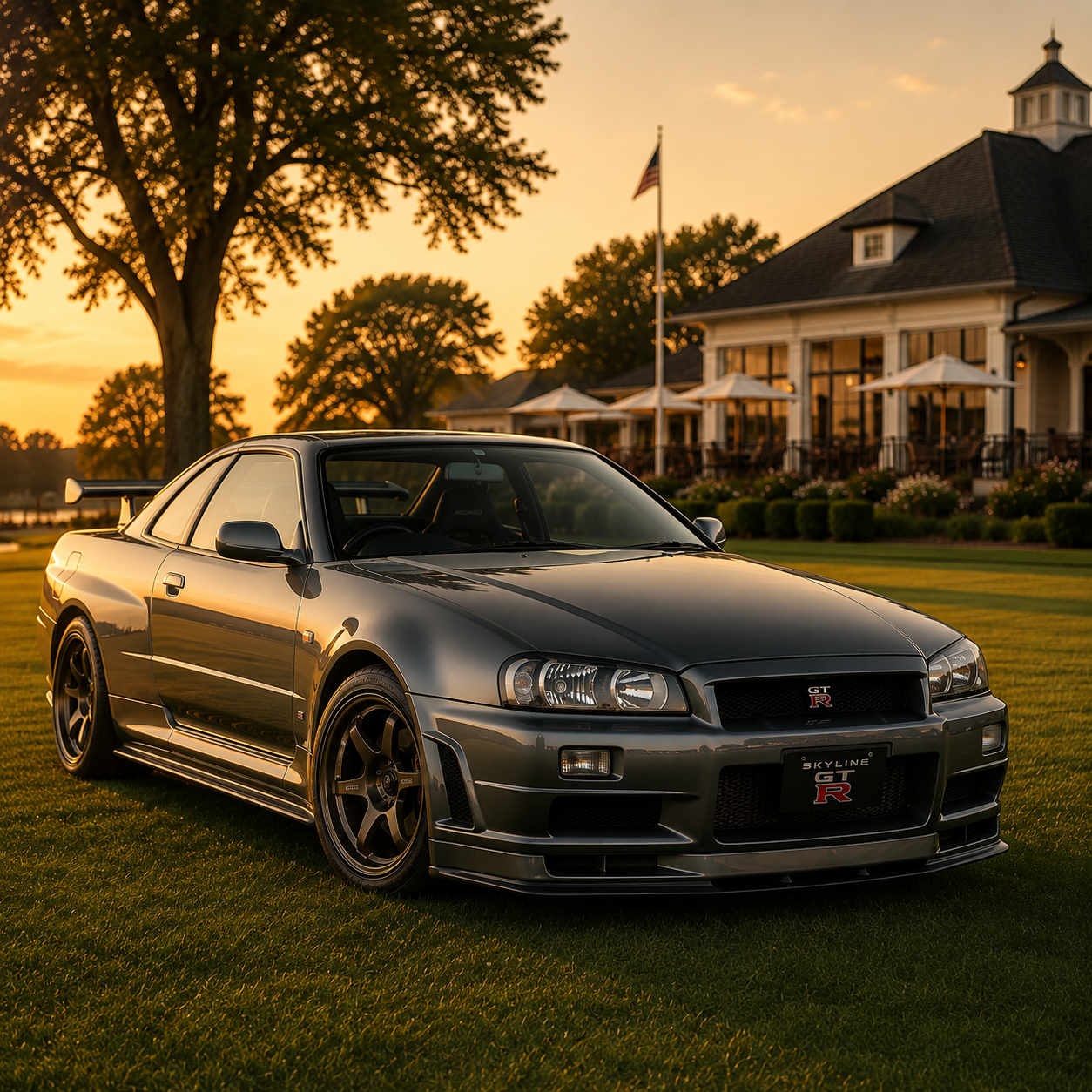 Gray Nissan Skyline GT-R parked on grass with a sunset and building in the background.