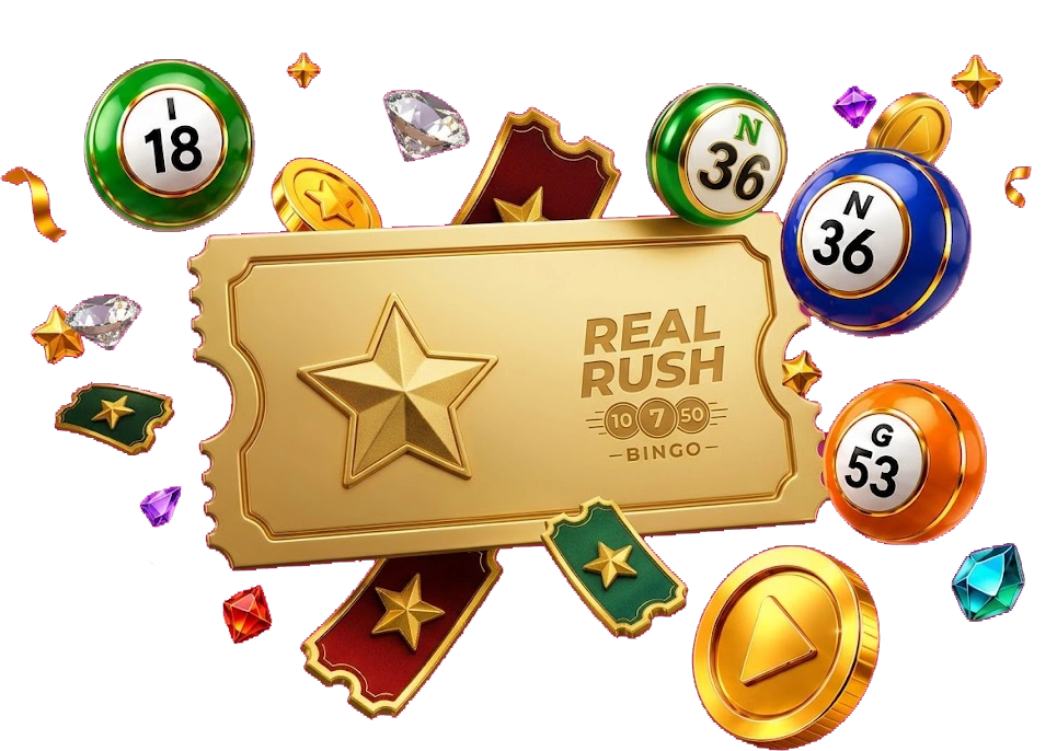 Gold RealRush bingo ticket surrounded by colourful bingo balls, gold coins and gems.