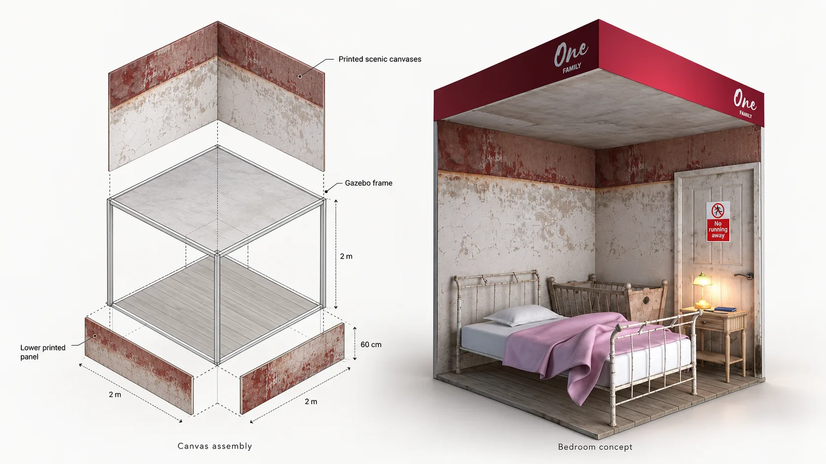 A technical drawing of a 2 metre gazebo set showing the canvas assembly and a bedroom concept