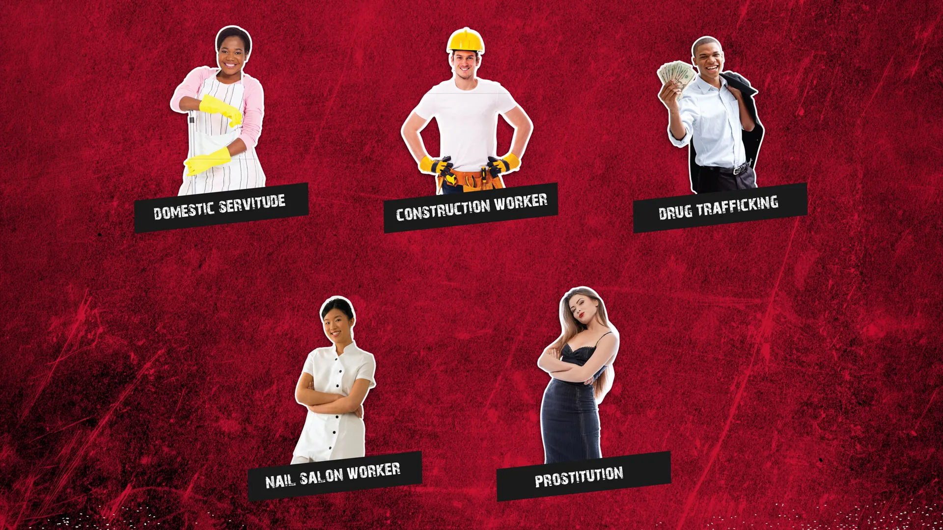 Five #HUMANTOO characters on red: domestic servitude, construction worker, drug trafficking, nail salon worker and prostitution