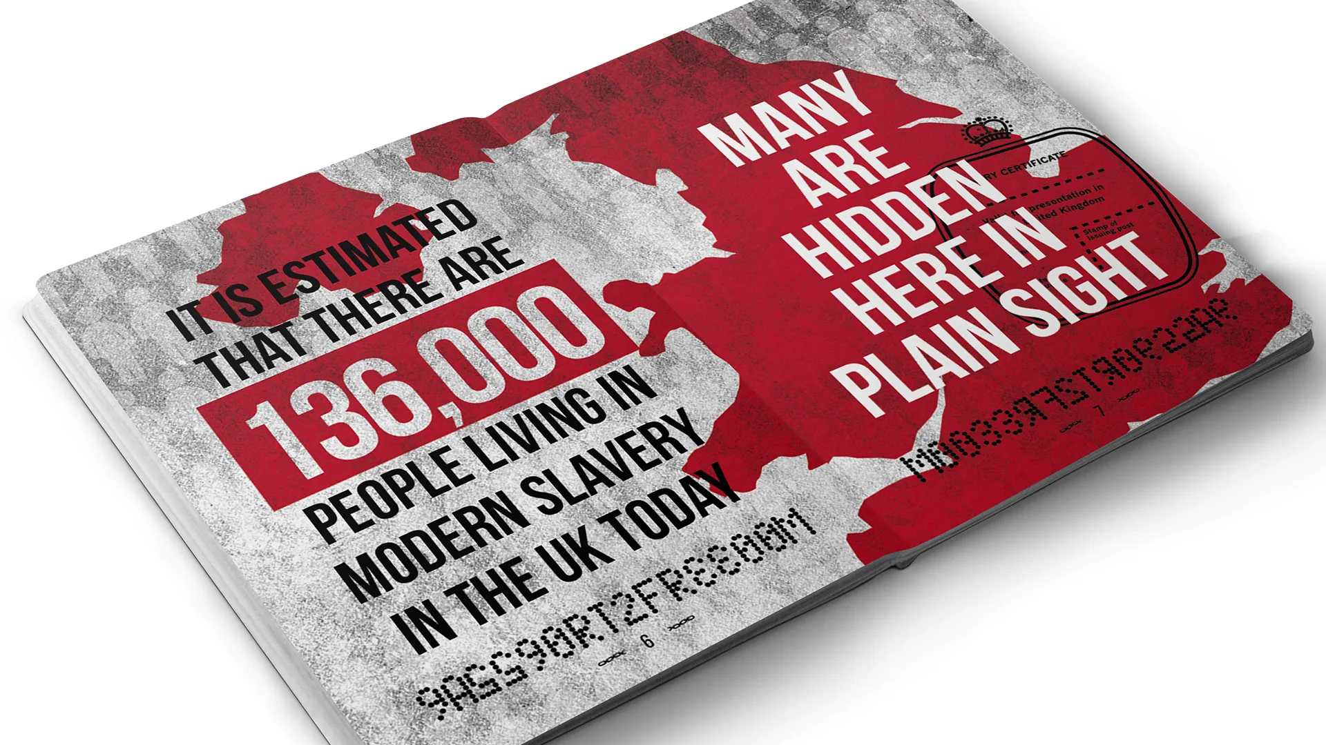 A #HUMANTOO passport spread stating it is estimated 136,000 people live in modern slavery in the UK today, many hidden in plain sight