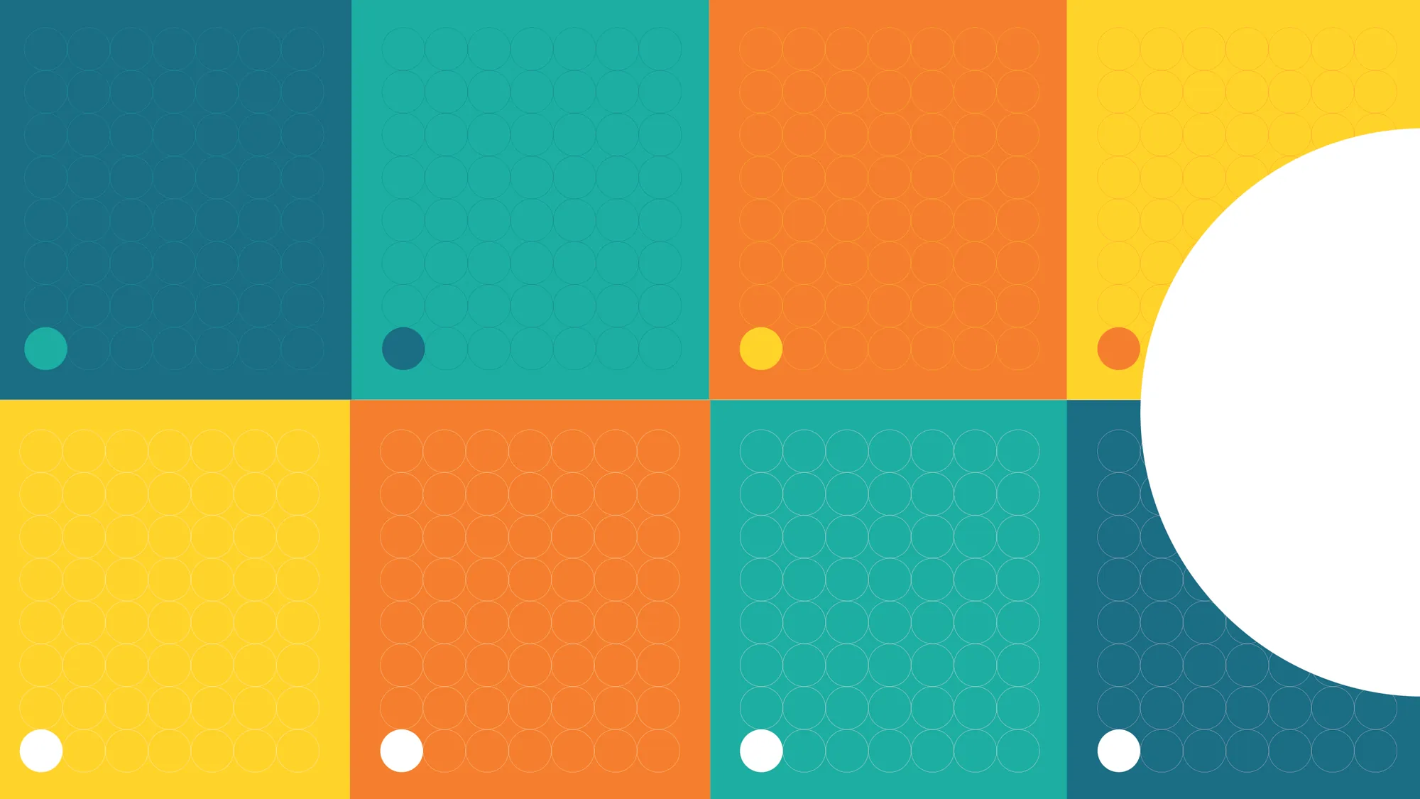 Eight Capslock pattern tiles in deep blue, teal, orange and yellow, each covered in a grid of outlined circles with a single dot, with a large white half circle cutting across the right