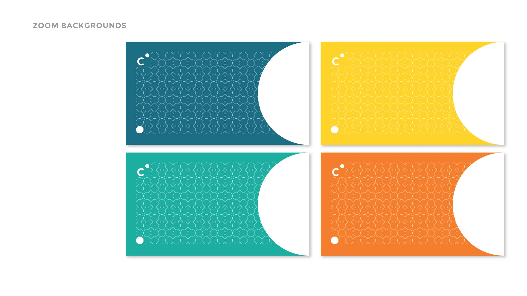 Four Capslock Zoom backgrounds in deep blue, yellow, teal and orange, each with the C brandmark, a fine circle grid and a white half circle on the right