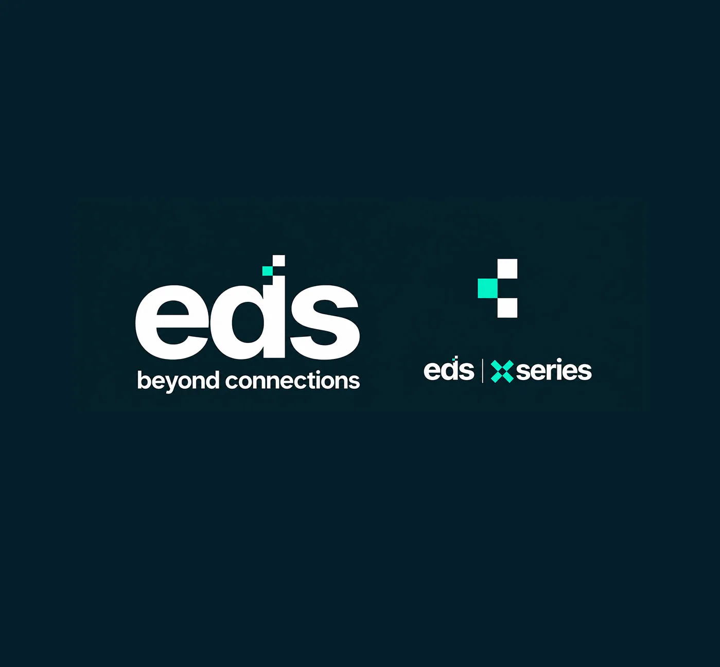 The EDS logo with a pixel detail on the d, beside the eds xseries lockup and a small pixel mark, on dark navy