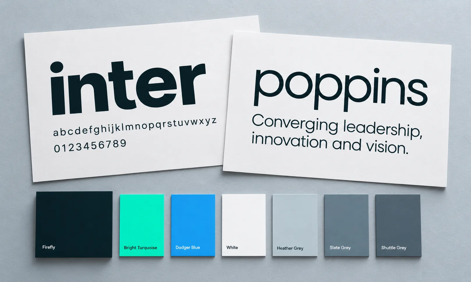 EDS typography cards for Inter and Poppins above colour swatches named Firefly, Bright Turquoise, Dodger Blue, White, Heather Grey, Slate Grey and Shuttle Grey