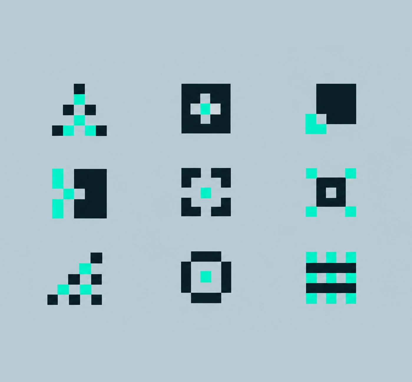 Nine EDS pixel-based icons in black and turquoise on a pale blue-grey background