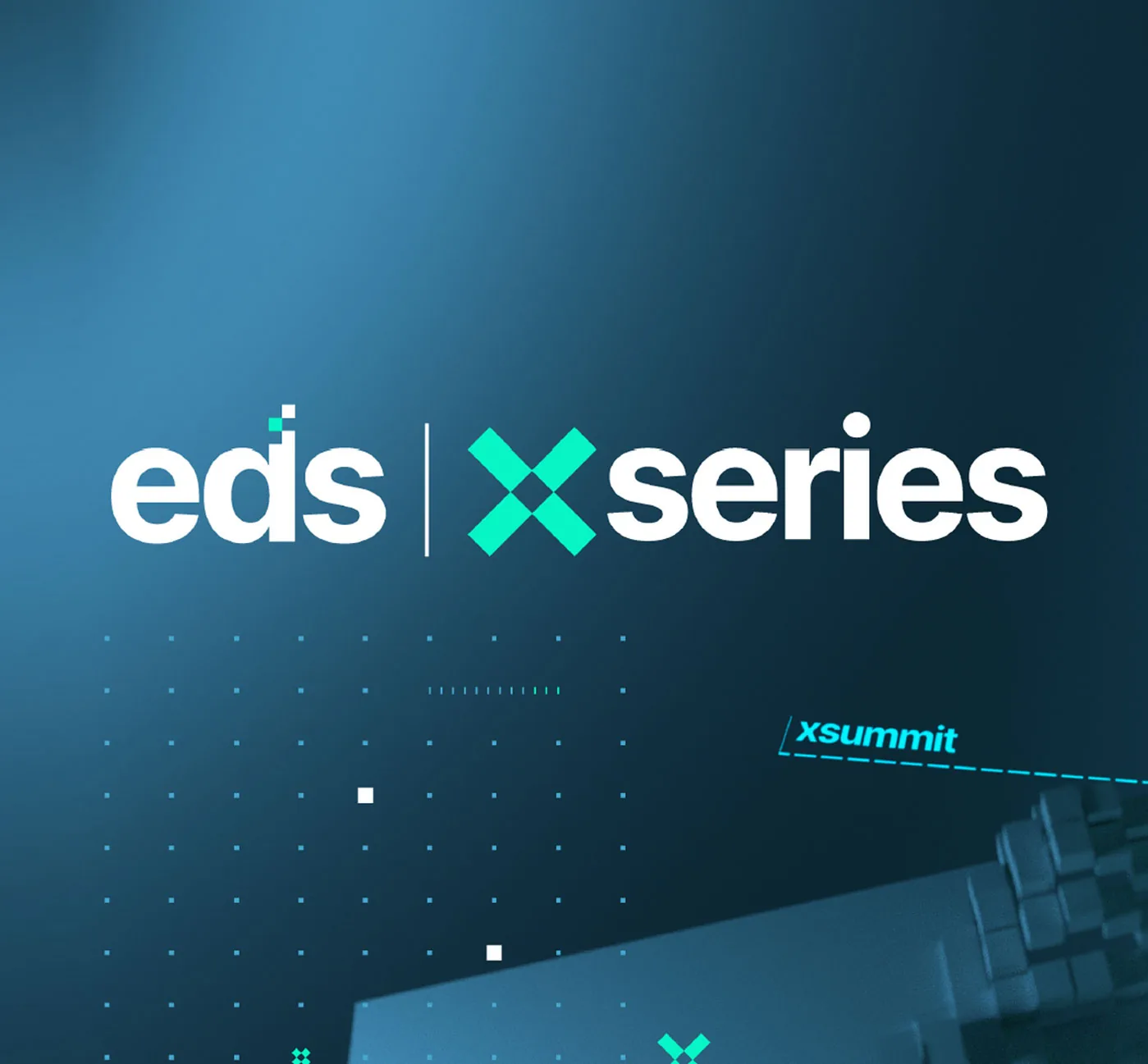 The eds xseries lockup on a dark blue gradient with pixel dots and an xsummit tag