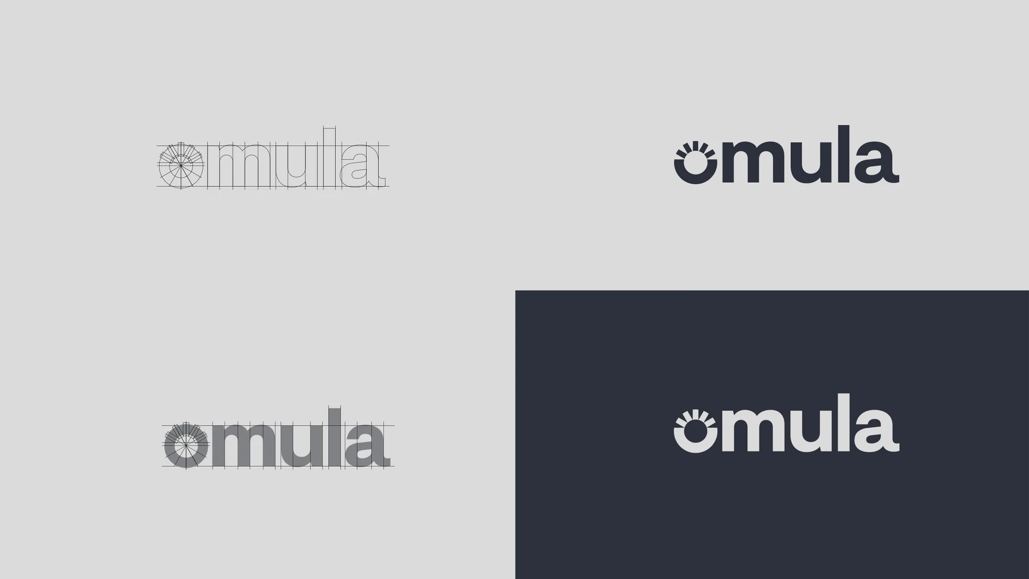 The Omula wordmark drawn over its construction grid and shown solid, in lead grey on stone grey and in white on lead grey