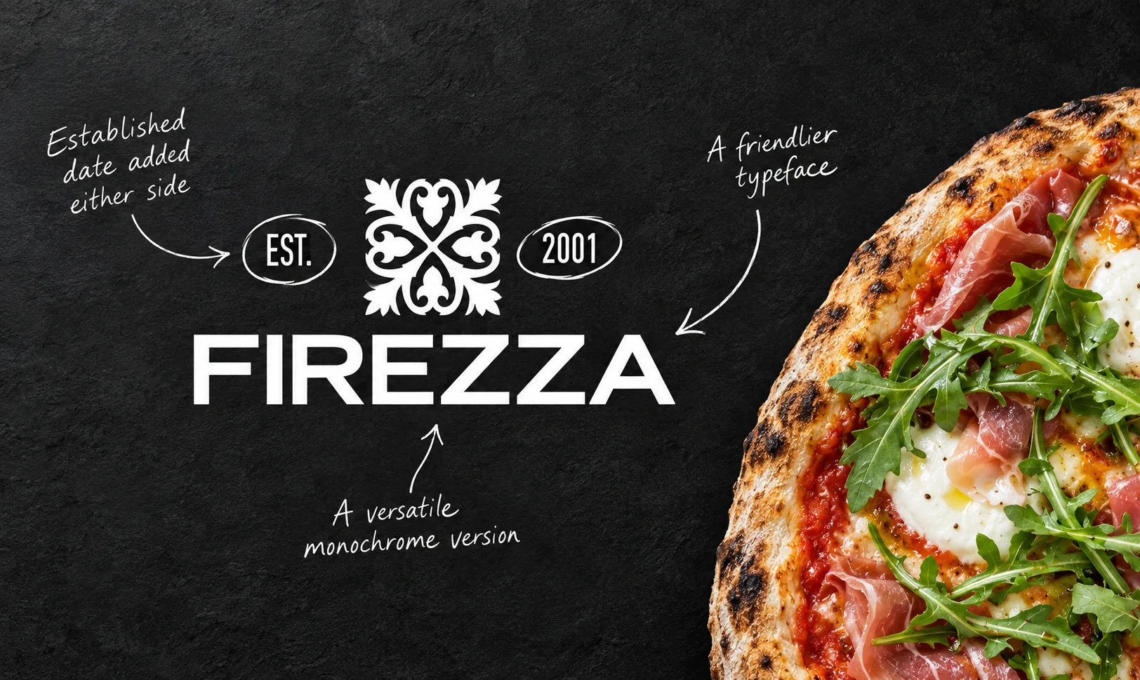 The refreshed Firezza logo on dark slate with handwritten notes: established date added either side, a friendlier typeface and a versatile monochrome version, beside a pizza