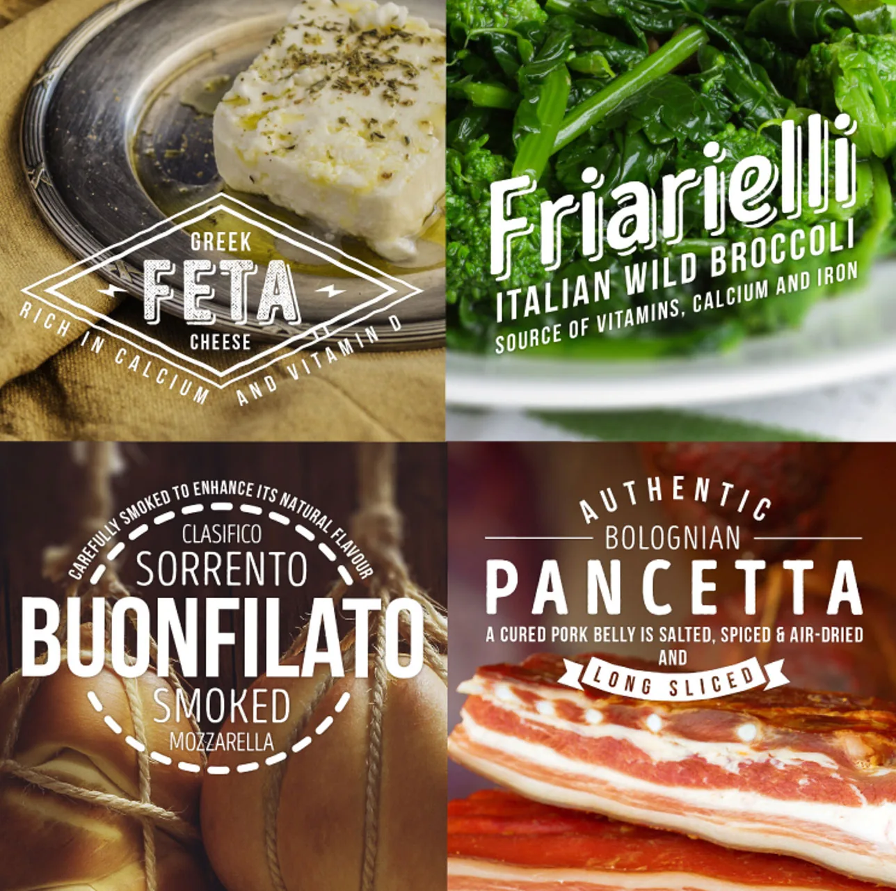 Four Firezza ingredient cards for Greek feta, friarielli, Sorrento smoked buonfilato and Bolognese pancetta