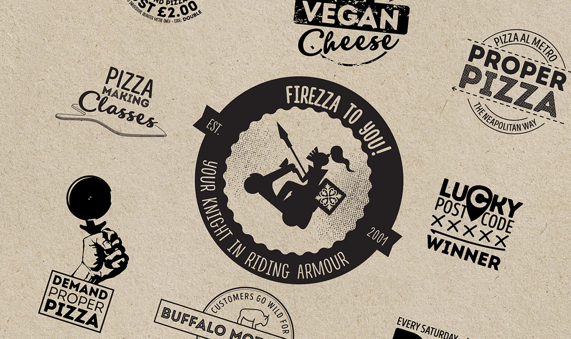A collection of Firezza badge graphics on kraft paper, including Firezza to you, your knight in riding armour, Proper Pizza, Vegan Cheese and Pizza Making Classes