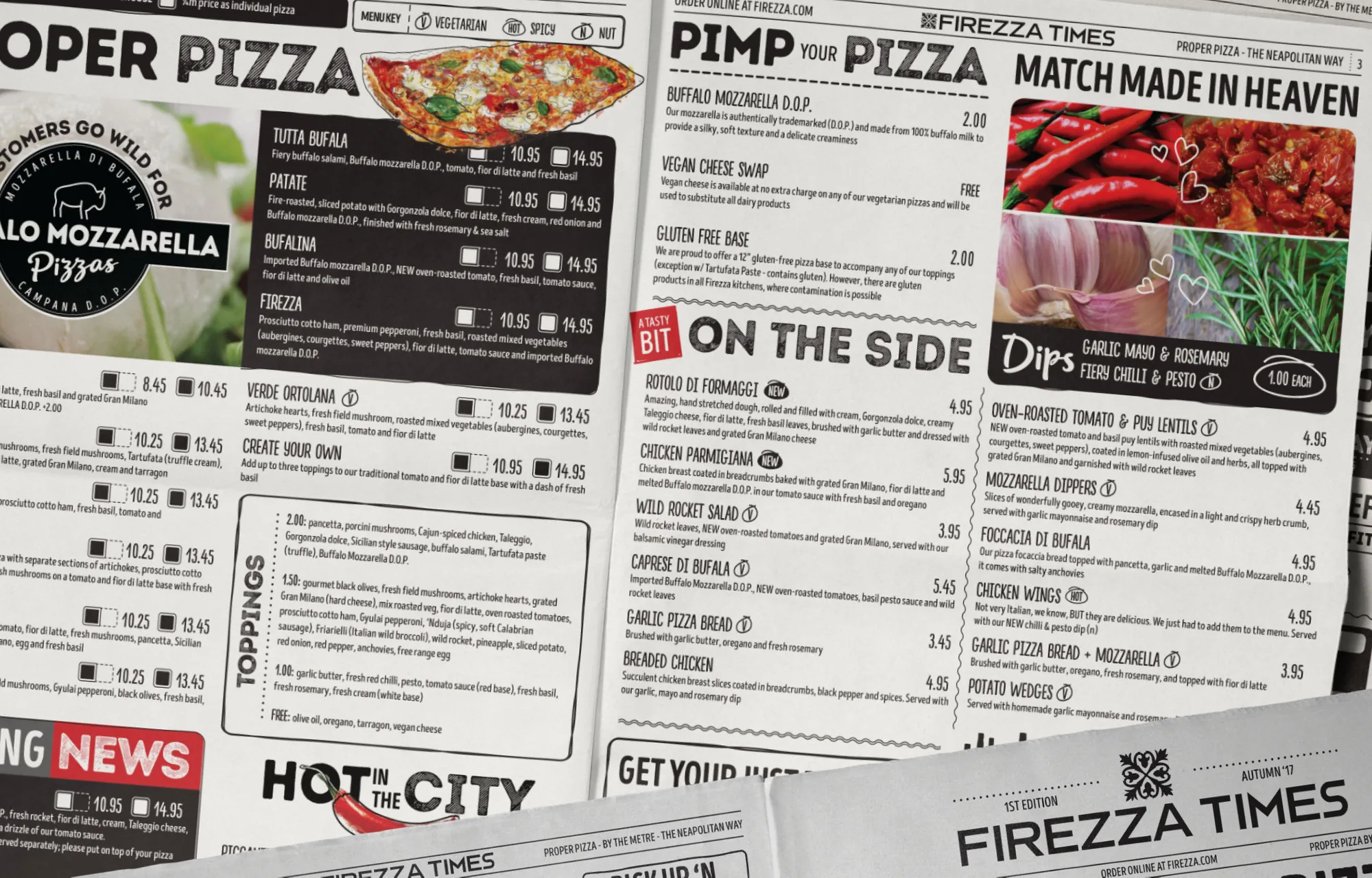 The Firezza Times newspaper menu, with sections such as Proper Pizza, Pimp your Pizza, On the Side and Match Made in Heaven