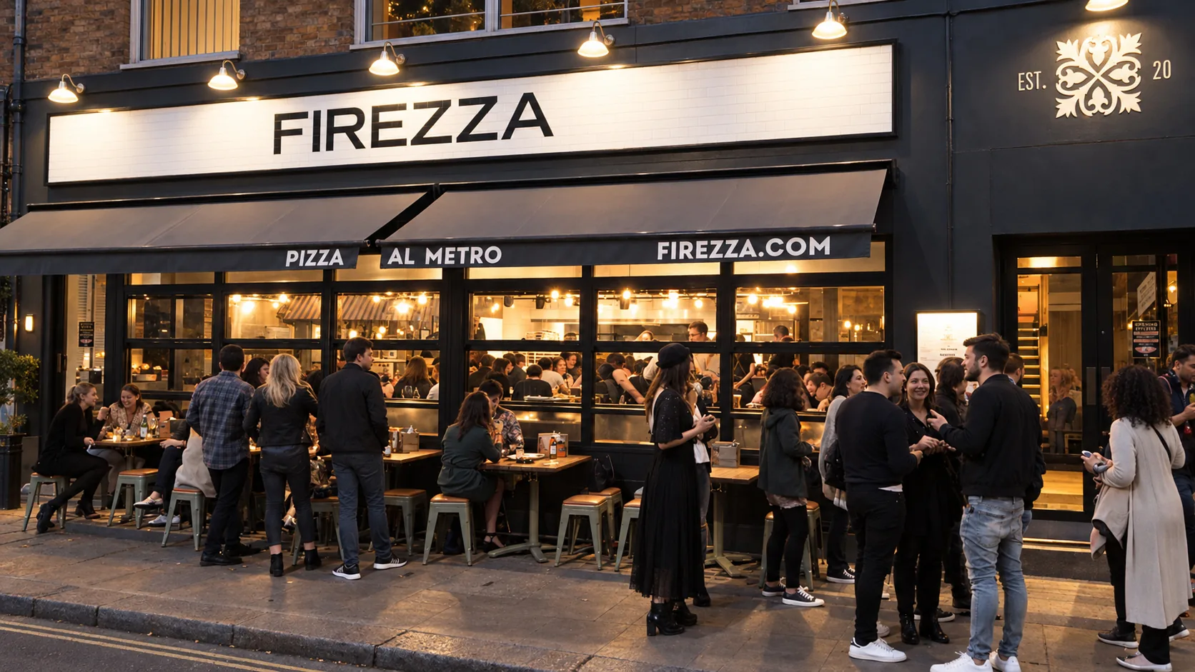 The Firezza Pizza al Metro restaurant at night, lit up, with diners and a crowd gathered outside