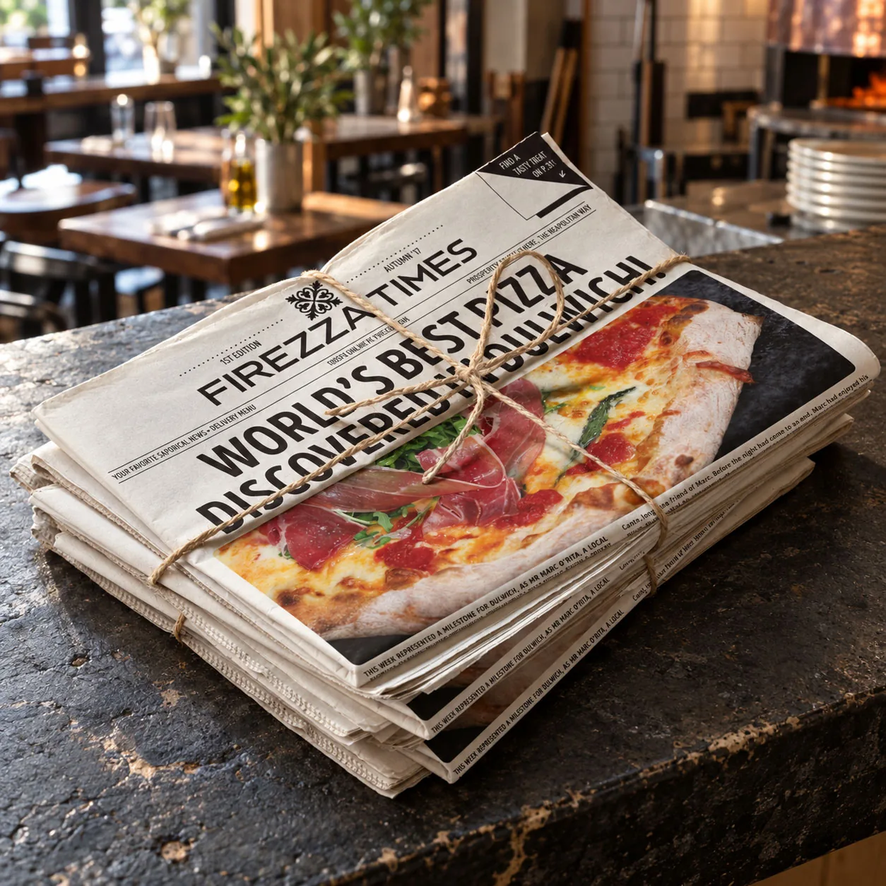 A stack of Firezza Times newspapers tied with string, headlined World’s best pizza, on a restaurant counter