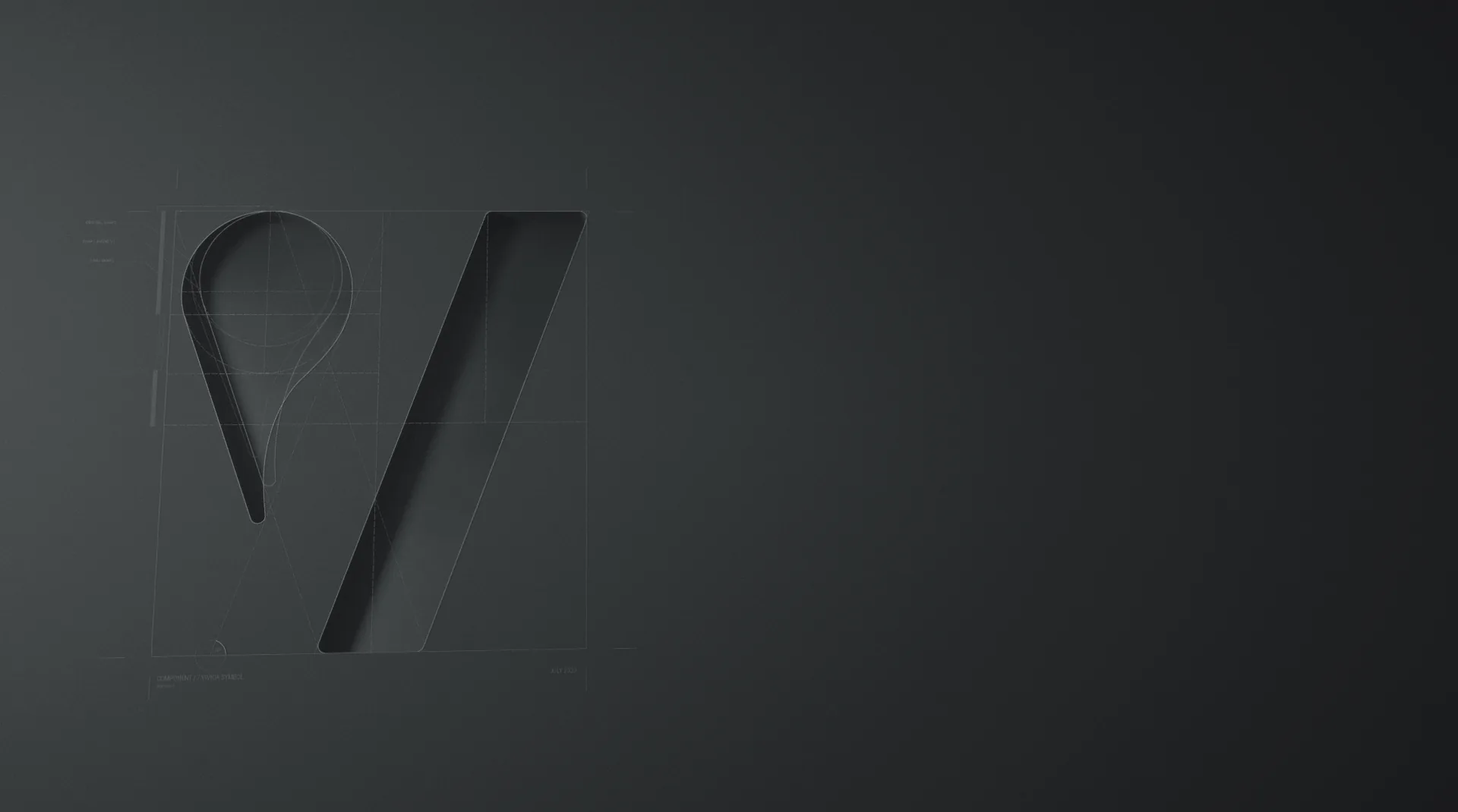 The VIVIDA V symbol, a droplet and stroke form, shown as a construction drawing embossed on dark grey