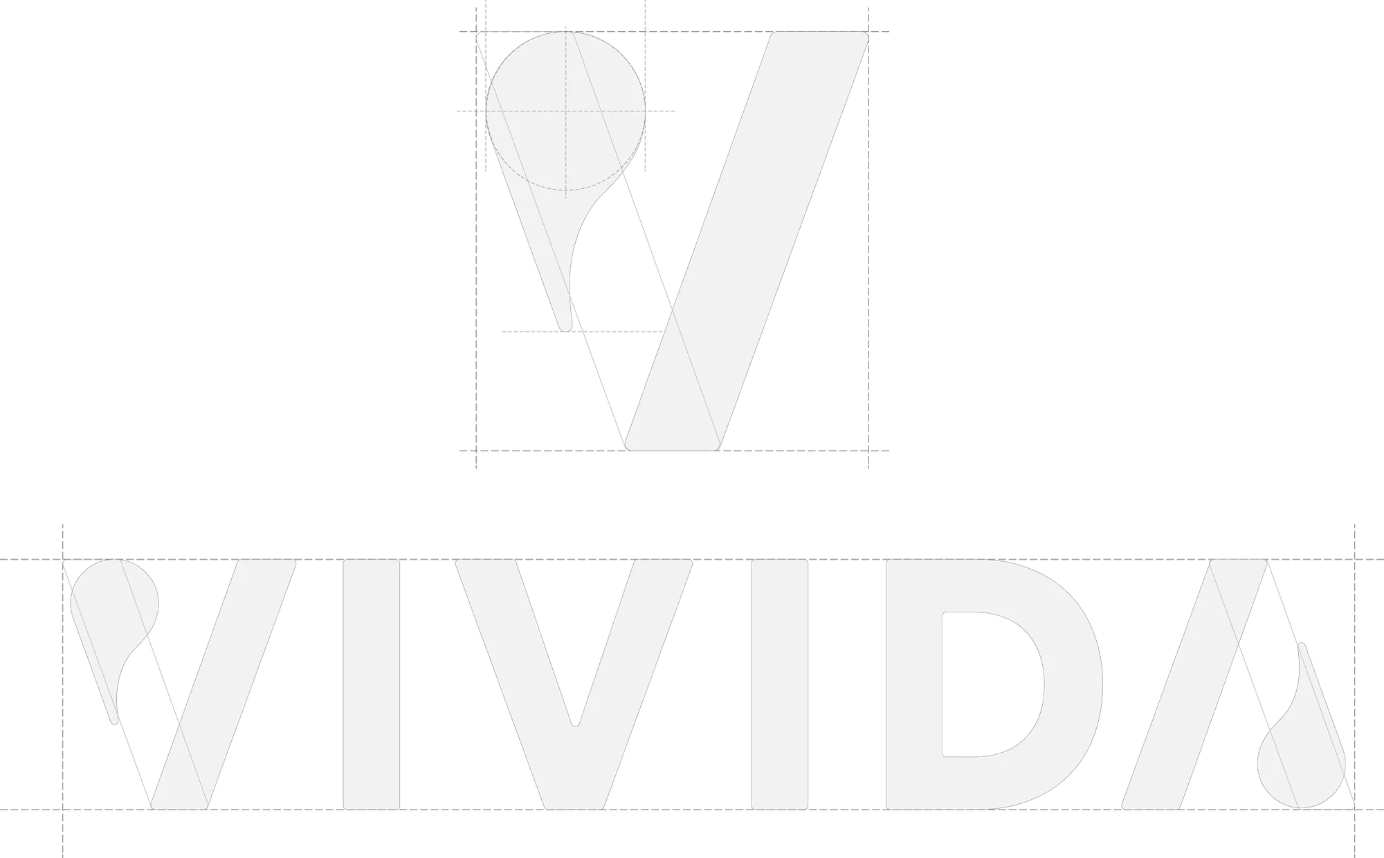 Construction grid for the VIVIDA symbol and wordmark, showing the geometry behind each letterform