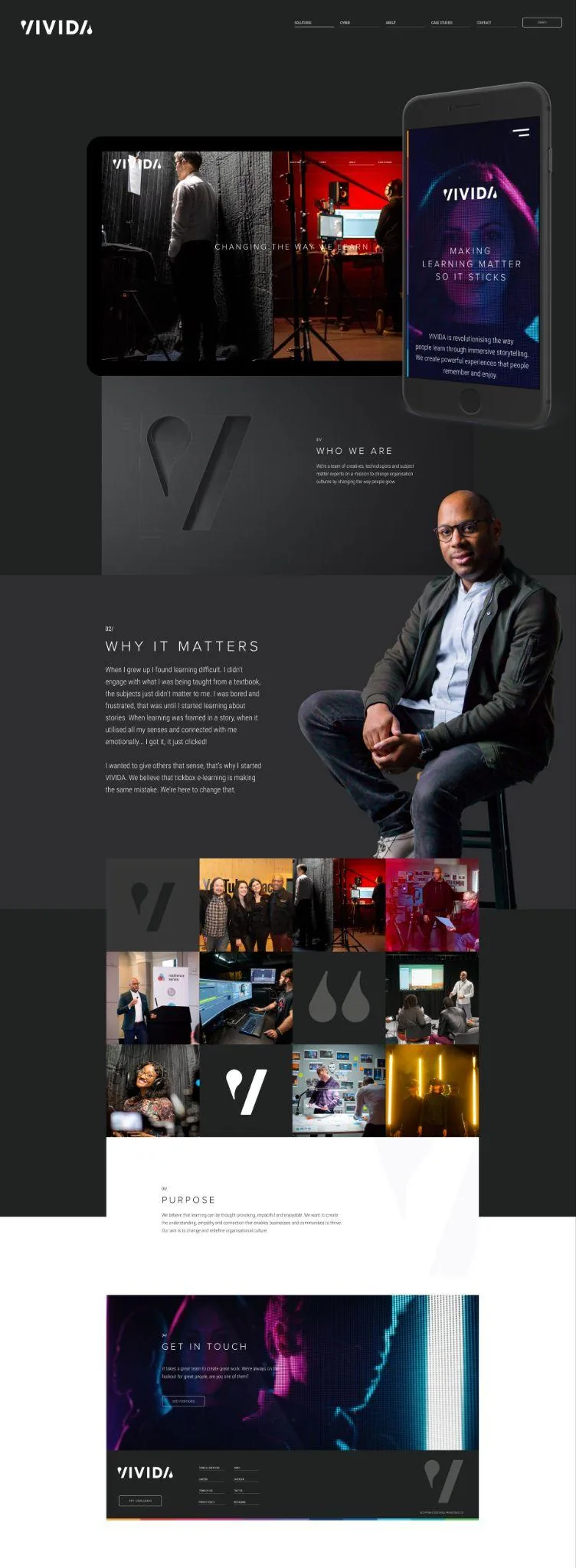 The VIVIDA website design, from the Changing the way we learn homepage through to the purpose and contact sections