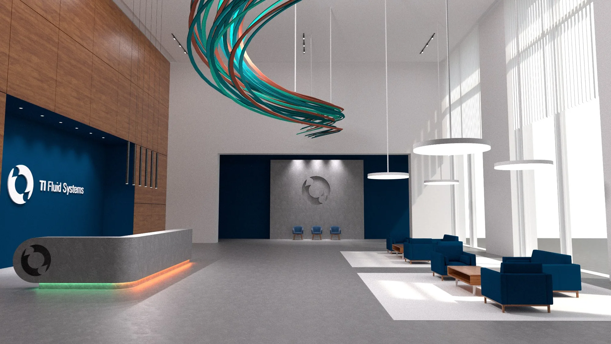 A rendered TI Fluid Systems office reception with a navy logo wall, curved desk and a sculpture of flowing teal and orange tubes