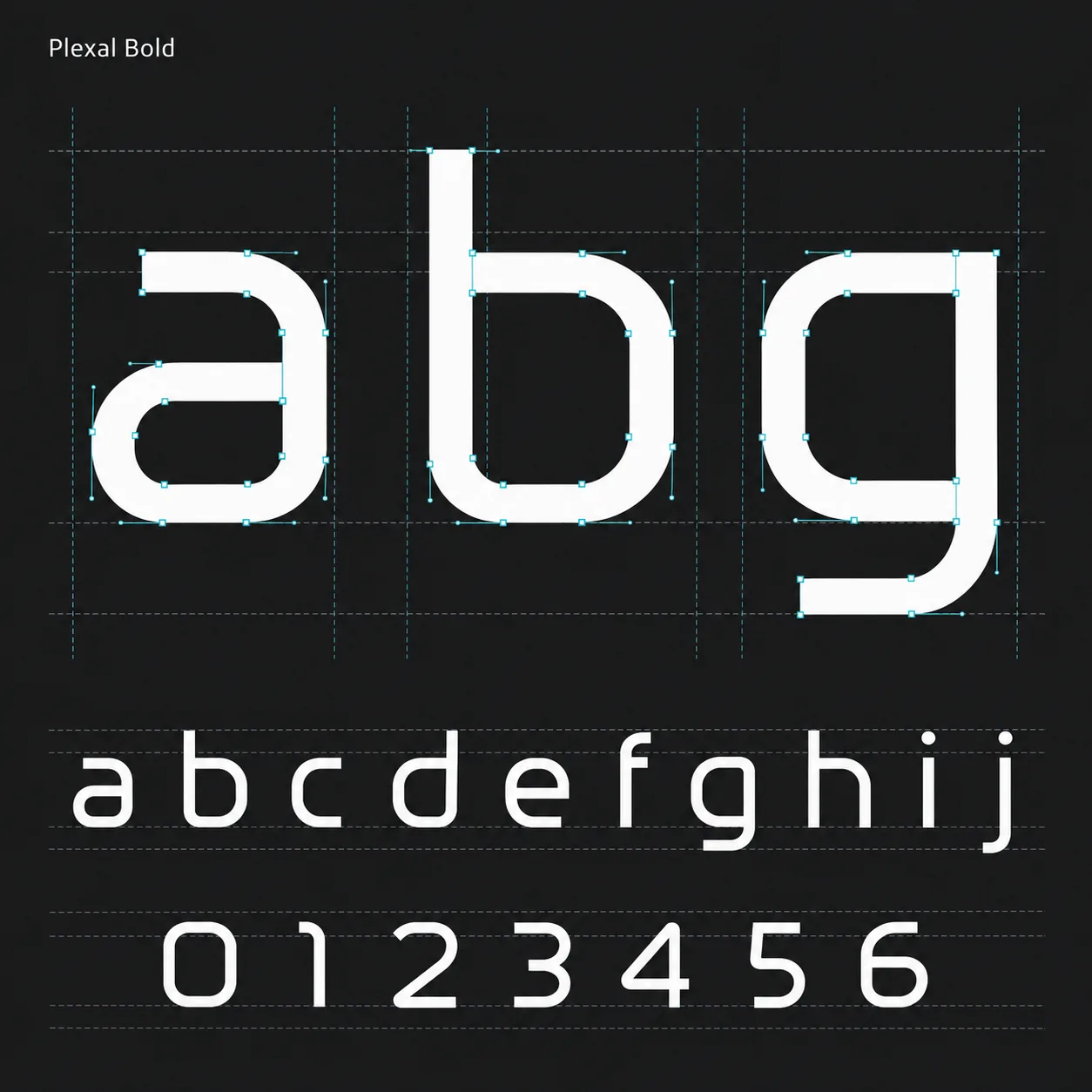 The Plexal Bold typeface, showing the letters abg, the alphabet and numbers on a dark grid