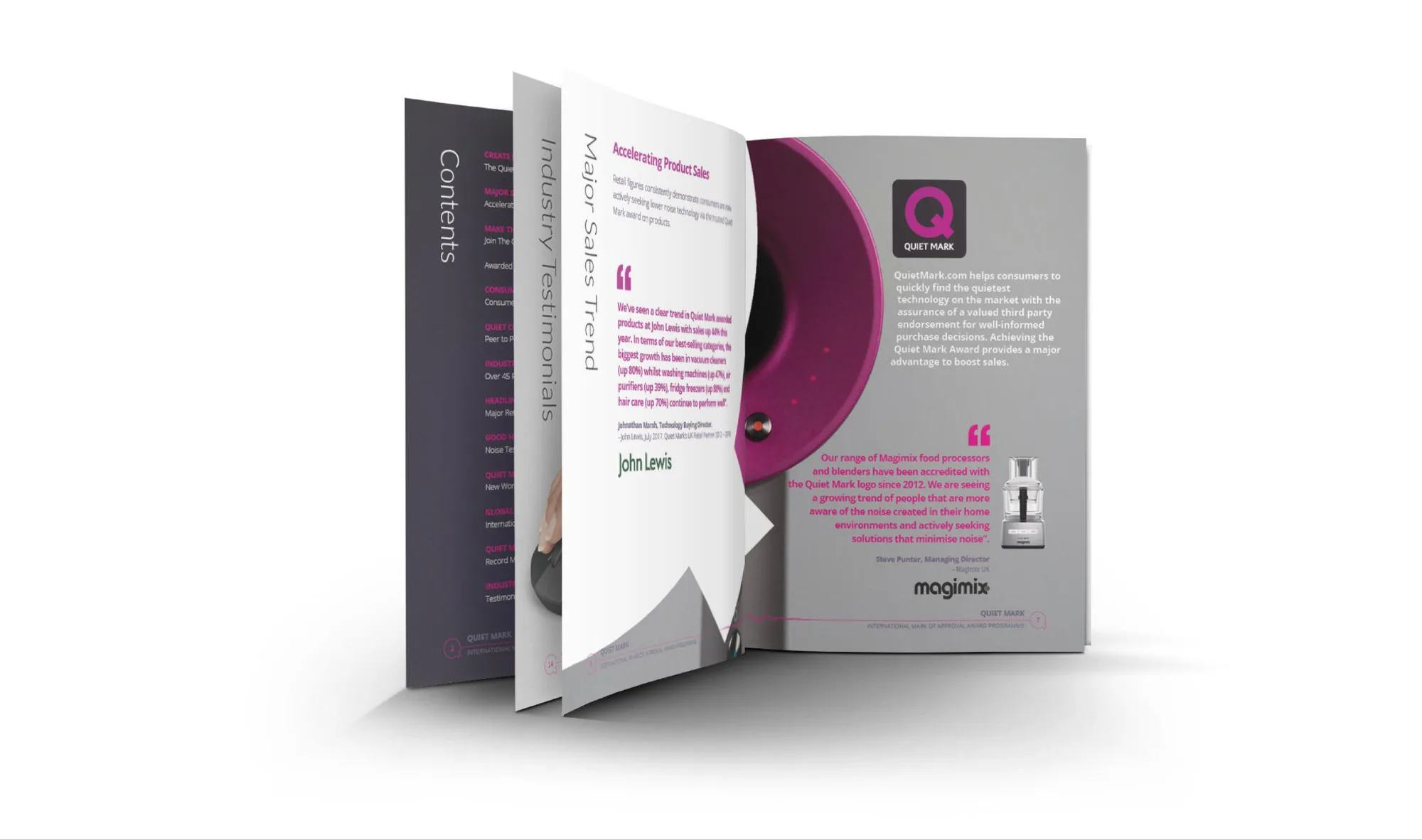 An open Quiet Mark brochure with a John Lewis testimonial page and a Magimix product feature