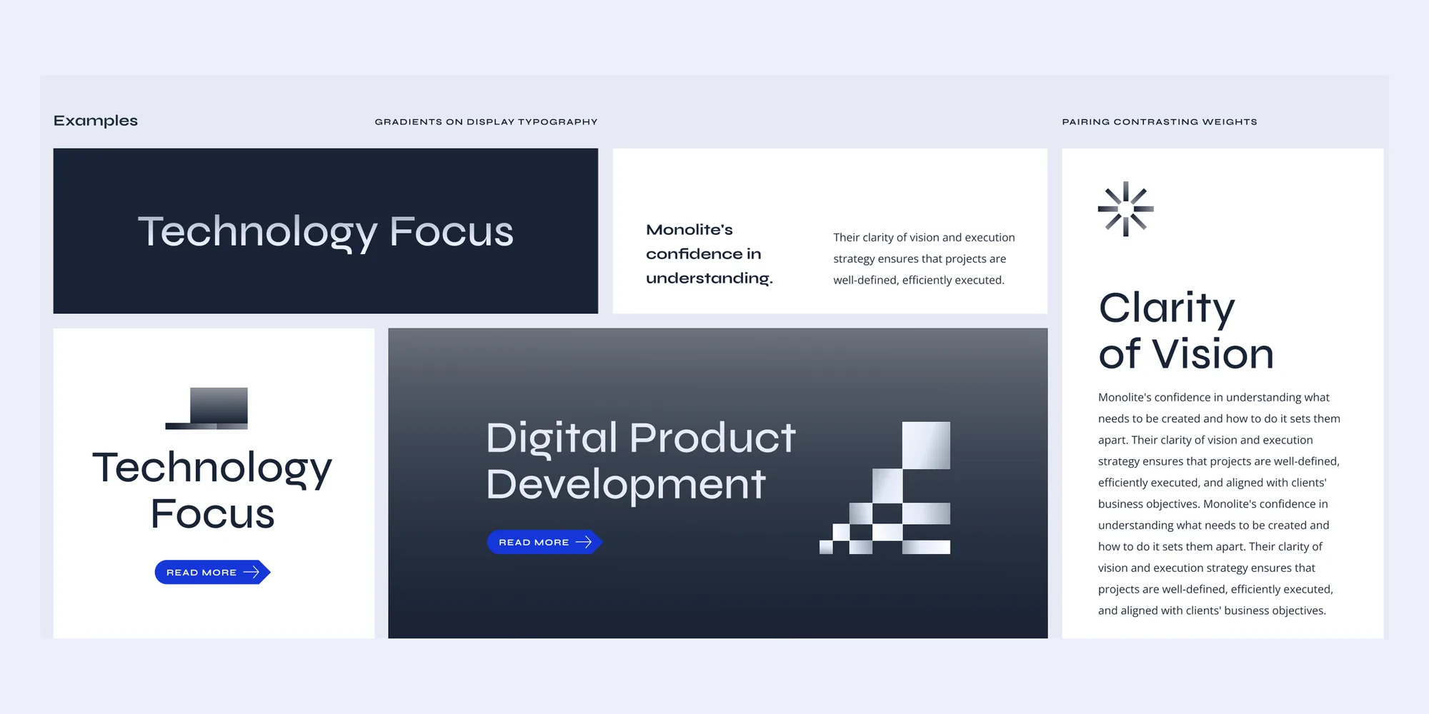 Monolite typography examples on navy and white cards, including Technology Focus, Digital Product Development and Clarity of Vision