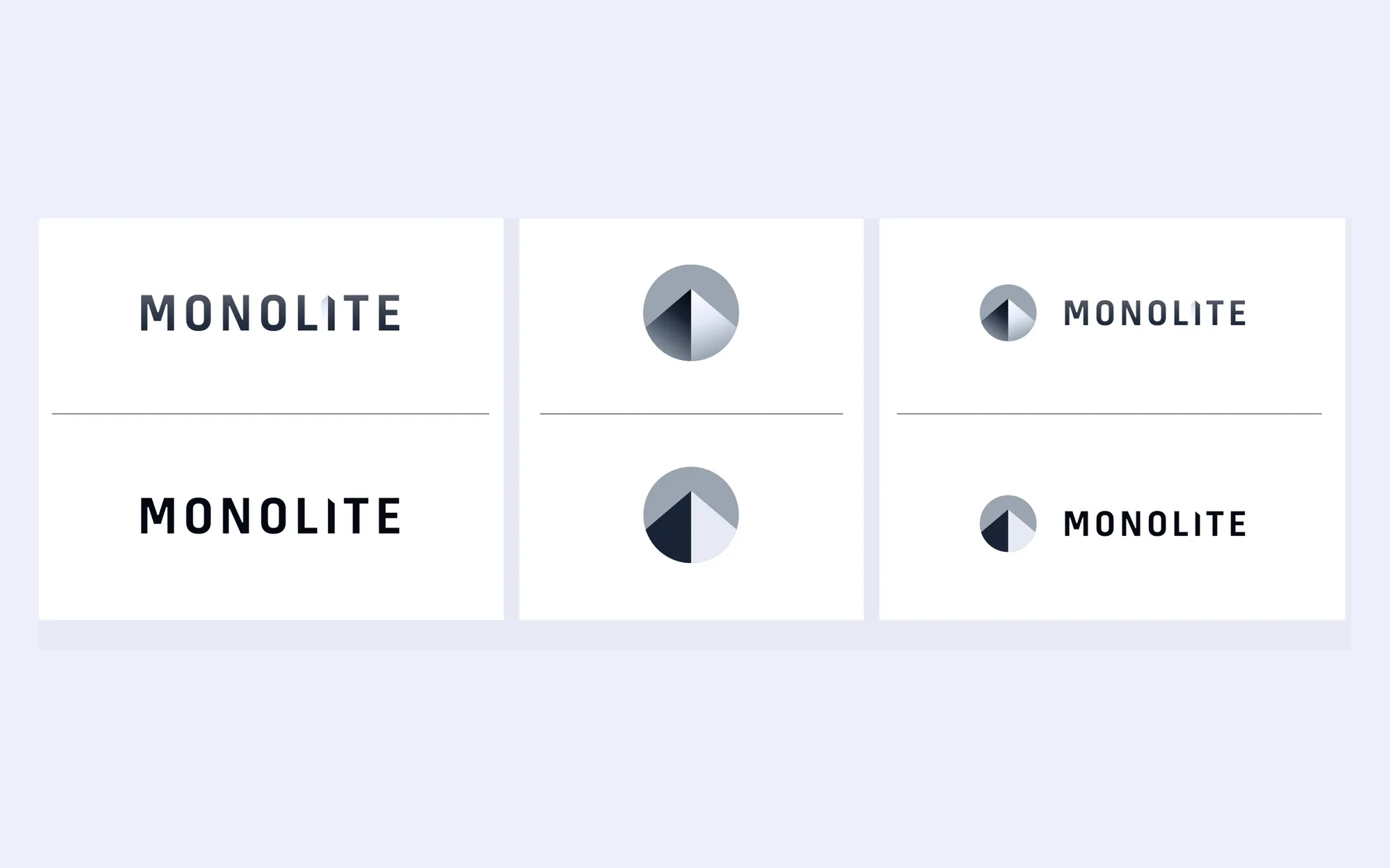 The Monolite logo suite: the wordmark, the circular icon and the combined lockup, each in gradient and mono versions