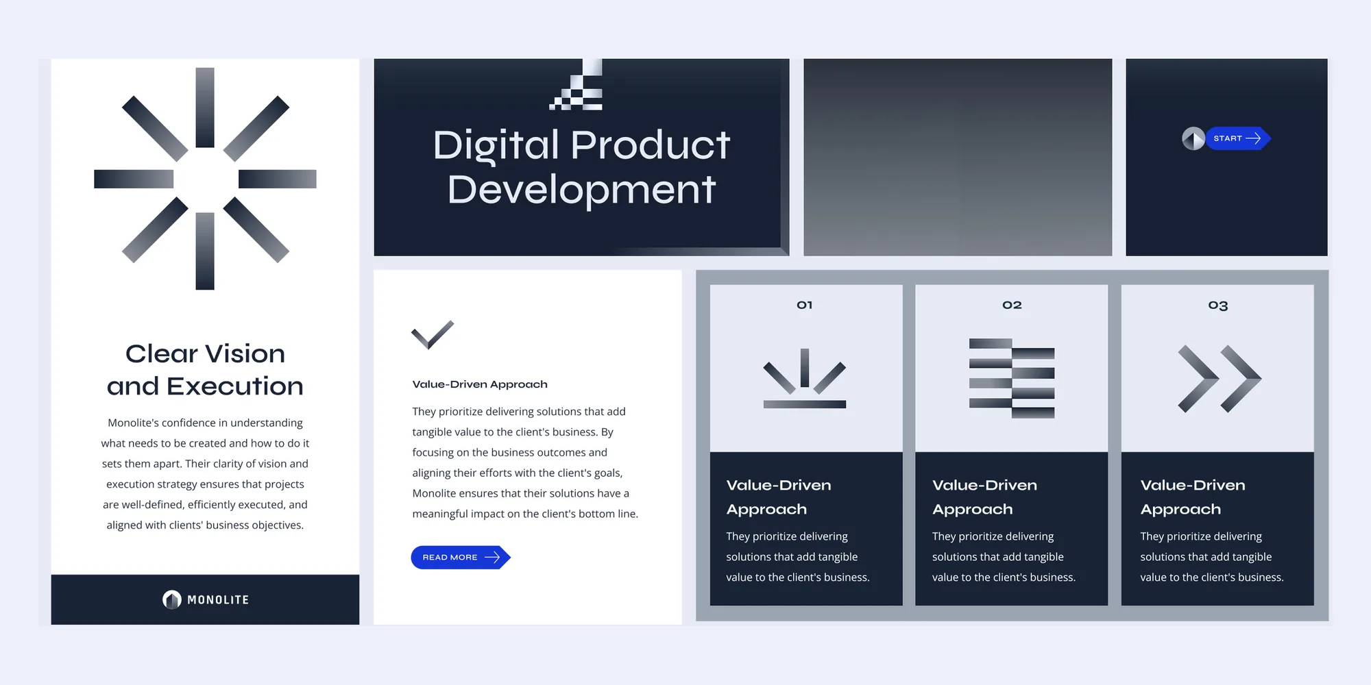 Monolite layouts including a Clear Vision and Execution poster, a Digital Product Development banner and three Value-Driven Approach cards with icons