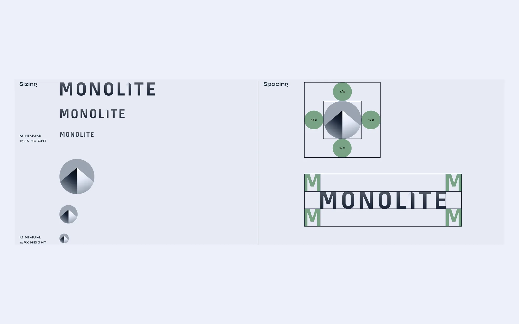 Monolite logo sizing and spacing guides, with the wordmark at three sizes and clear-space markers around the icon and wordmark