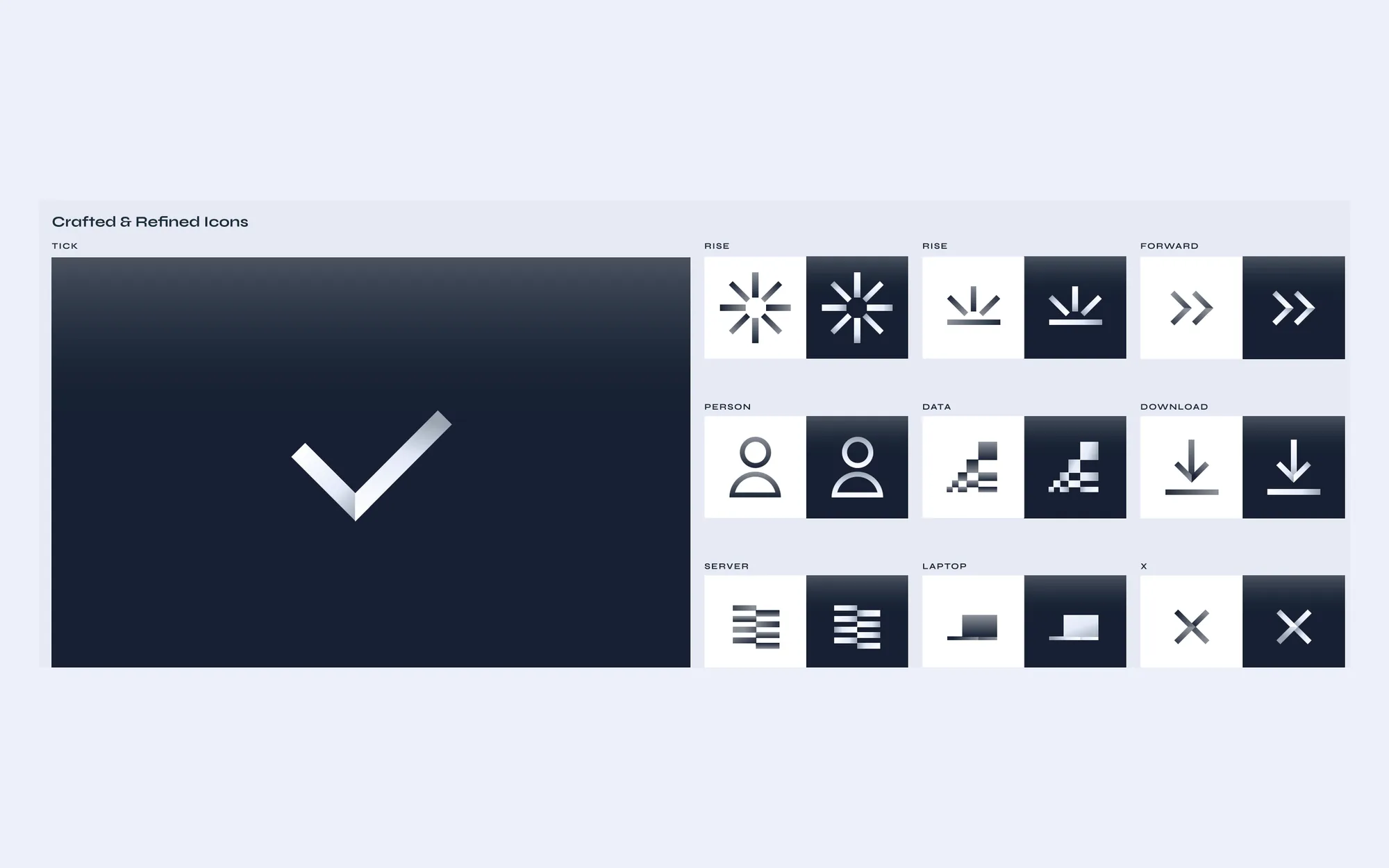 The Monolite icon set in light and dark versions, including rise, forward, person, data, download, server, laptop and close icons, beside a large tick