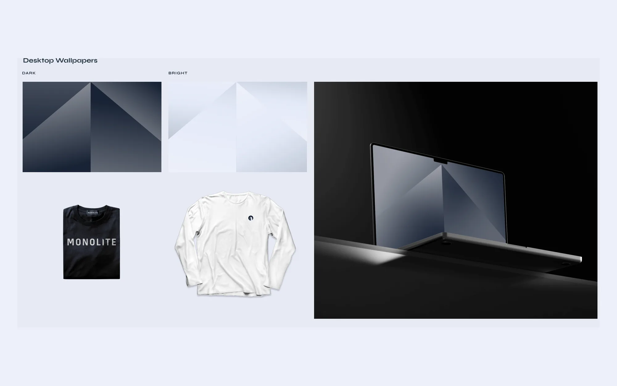 Monolite desktop wallpapers in dark and bright versions, a black MONOLITE T-shirt, a white long-sleeve top and a laptop showing the wallpaper