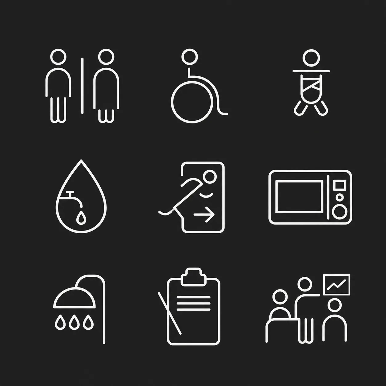 Plexal wayfinding icons in white line on black, including toilets, accessibility, baby change, water, lift, kitchen, shower and meeting room