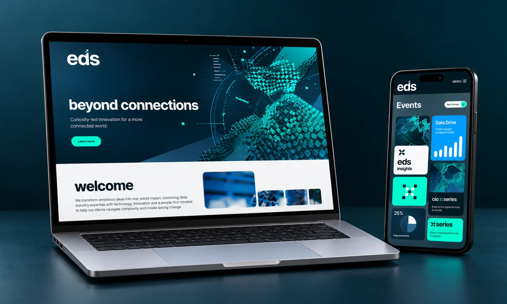 The EDS website on a laptop and phone, headed beyond connections, with events and insights screens