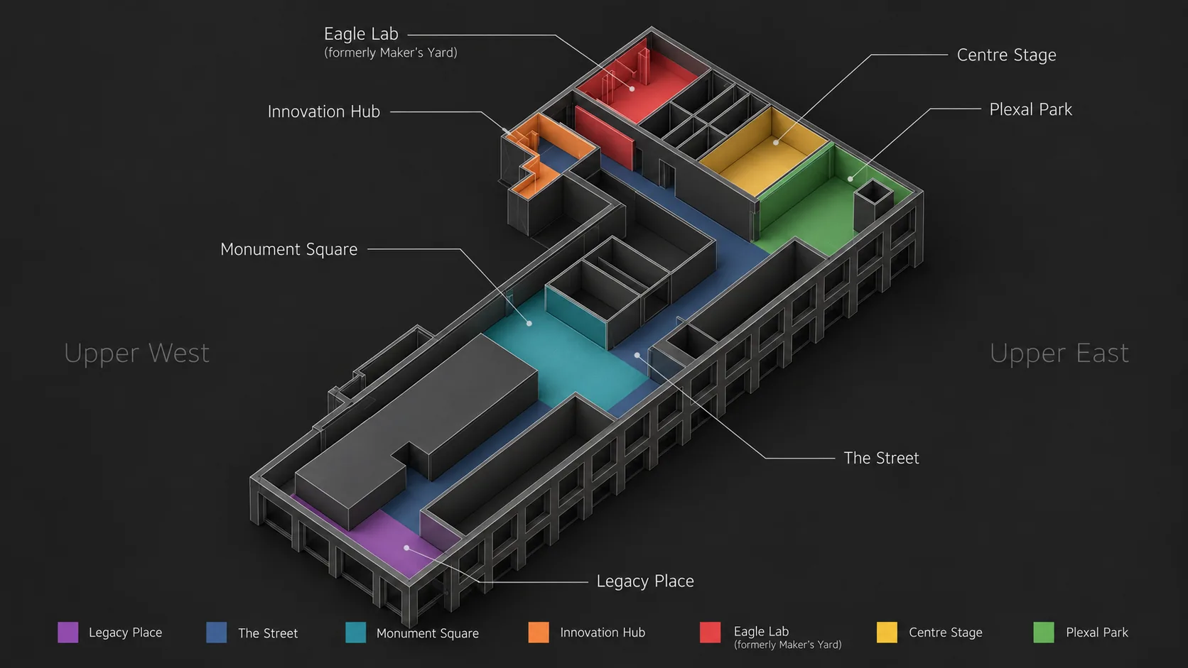 An isometric map of Plexal City marking Monument Square, Legacy Place, The Street, Innovation Hub, Eagle Lab, Centre Stage and Plexal Park across Upper West and Upper East