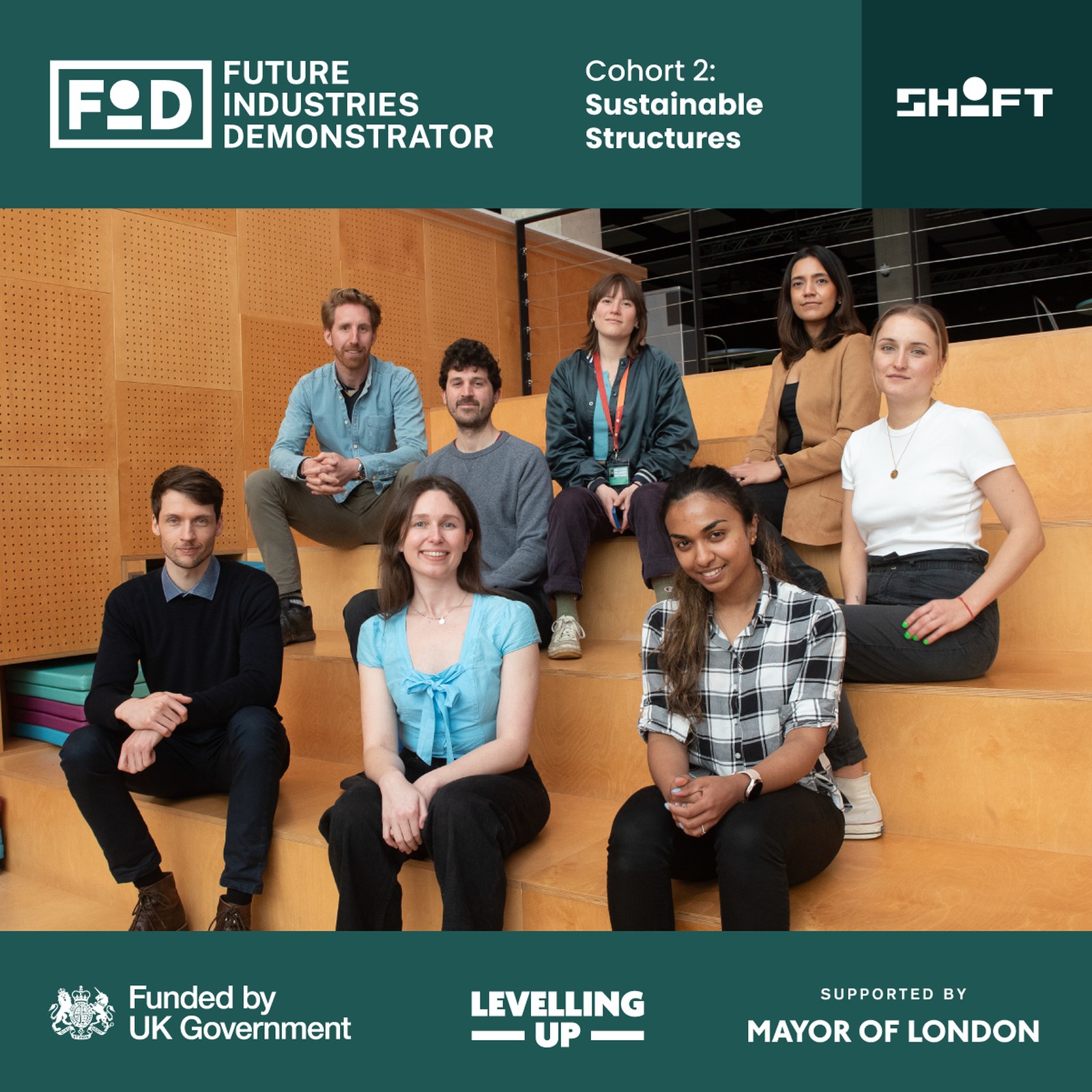 Group portrait of the Future Industries Demonstrator Cohort 2, Sustainable Structures founders, seated on wooden steps and framed by FID and SHIFT branding