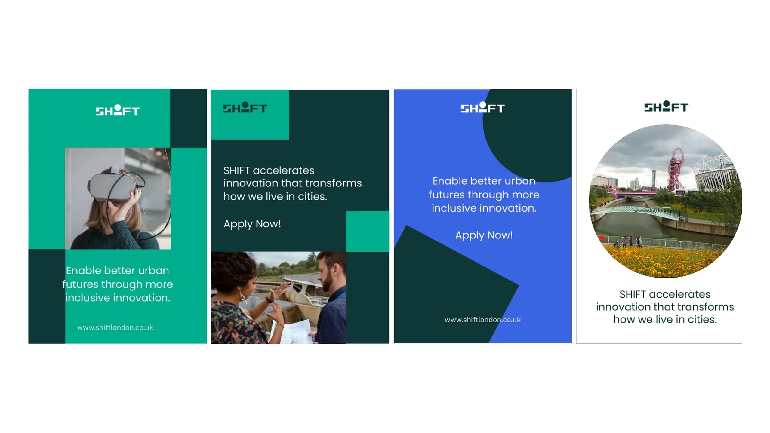 Four SHIFT posters in the primary palette with photos masked by shapes from the logo, including a VR user, two colleagues and the ArcelorMittal Orbit in a circle