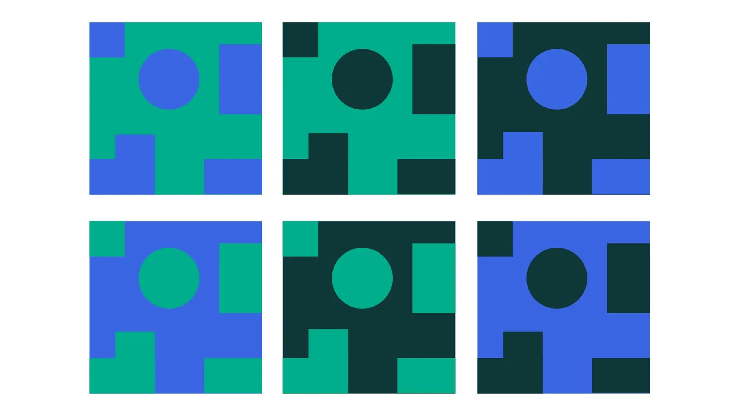 Six SHIFT pattern tiles built from blocks and circles in green, blue and dark green