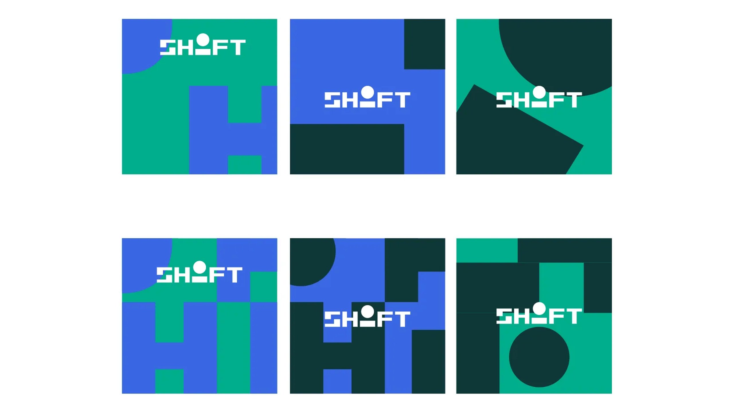 The SHIFT wordmark in white on six pattern tiles of green, blue and dark green blocks
