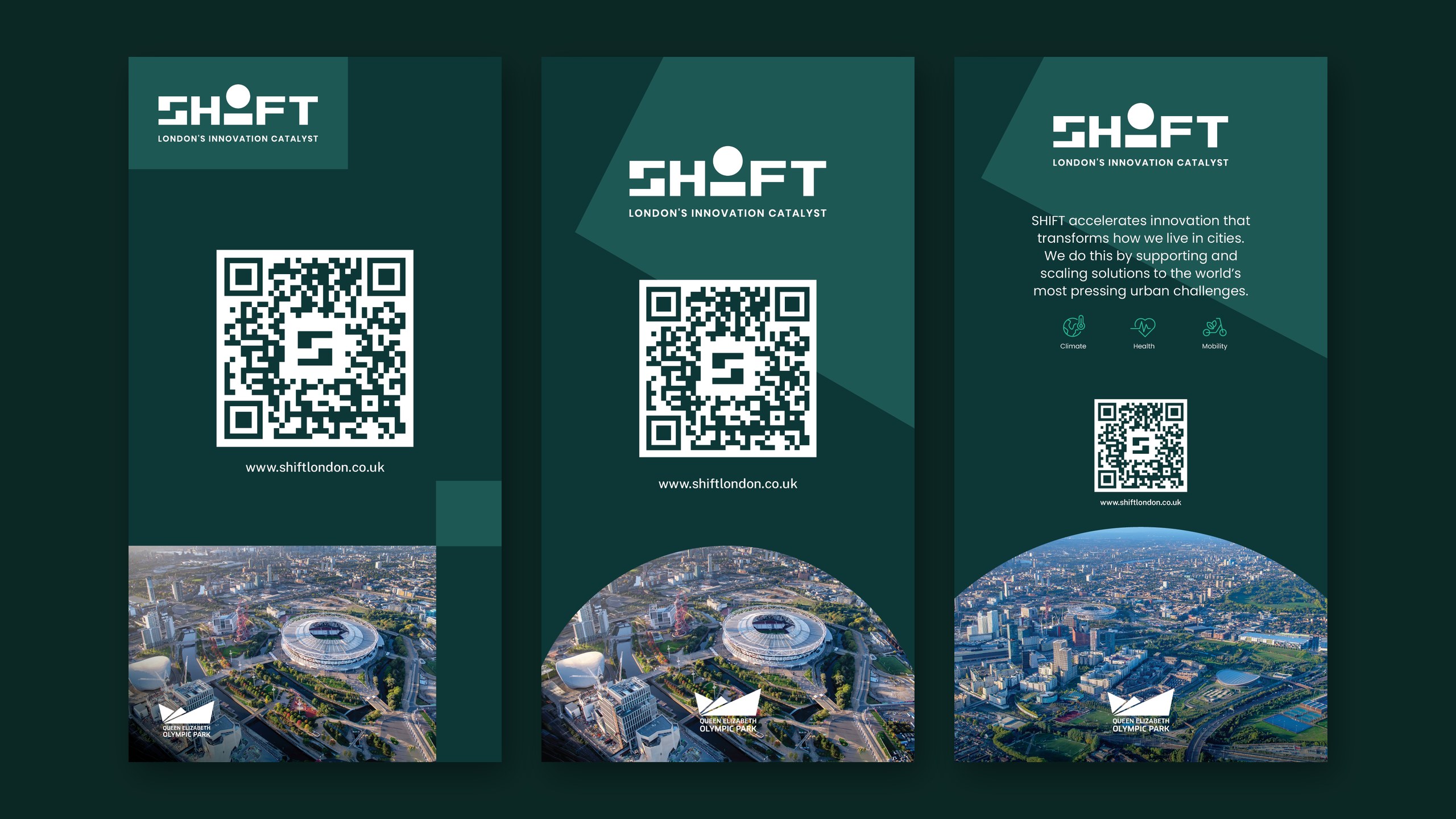 Three SHIFT pull-up event banners in dark green with the line London’s Innovation Catalyst, QR codes, SHIFT’s mission statement and aerial photos of Queen Elizabeth Olympic Park