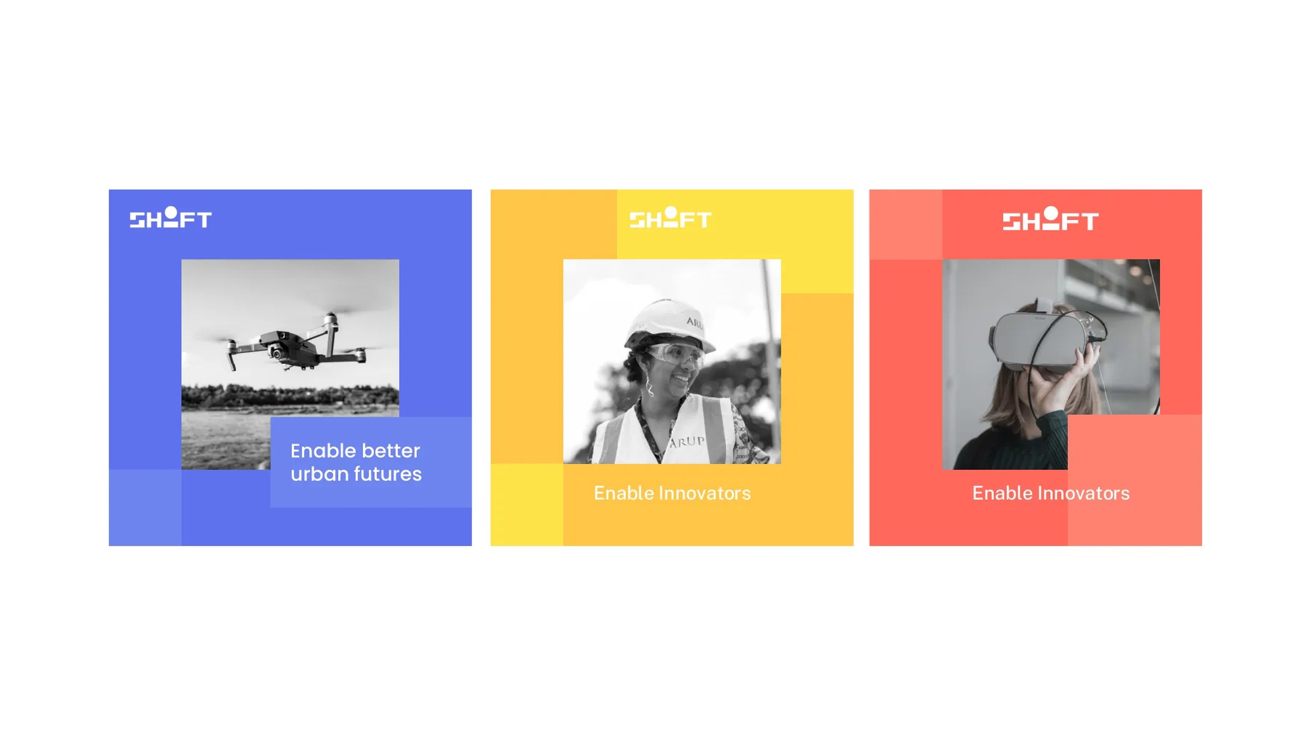 Three SHIFT social posts in blue, yellow and coral, with black and white photos of a drone, an engineer in a hard hat and a VR user