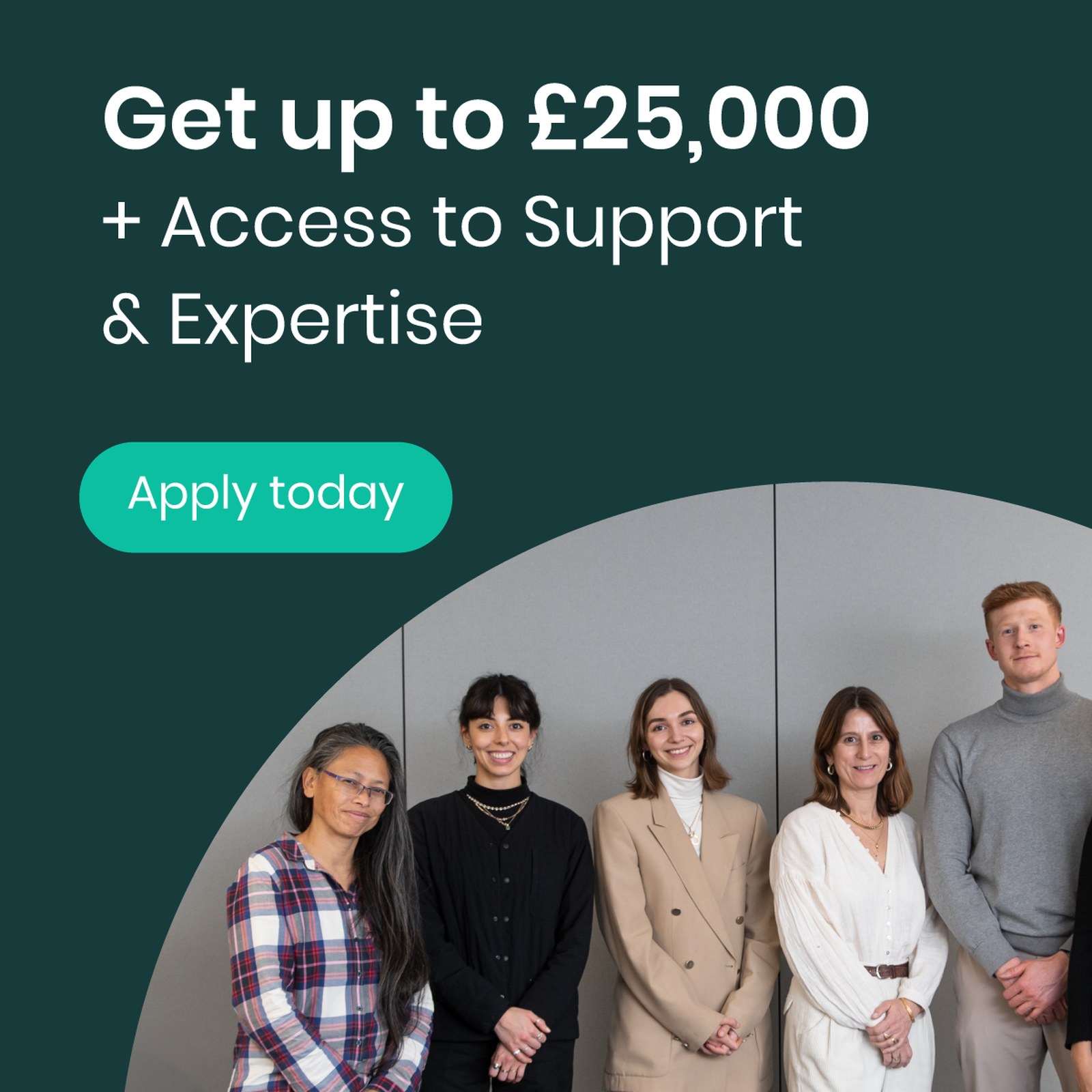 Future Industries Demonstrator ad reading Get up to £25,000 plus access to support and expertise, with an Apply today button above a row of founders