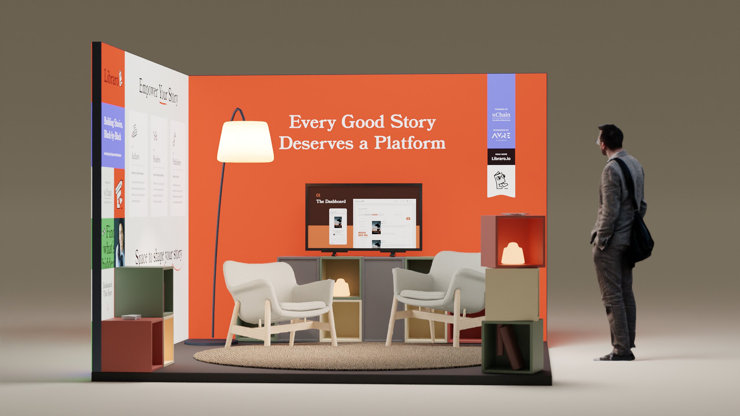 A front view render of the Libraro exhibition stand: an orange wall reading Every Good Story Deserves a Platform above a screen showing the platform dashboard, two cream armchairs on a rug and a visitor standing to the right